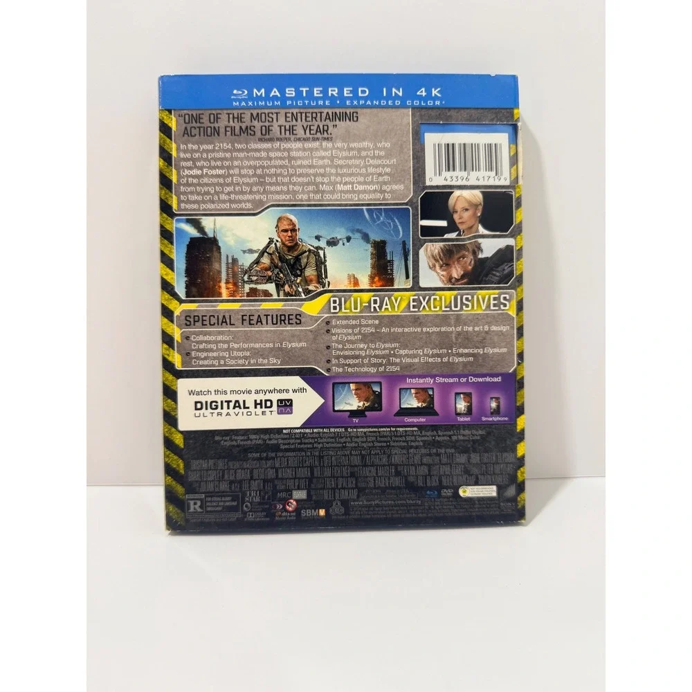 Sony Elysium Blu-ray DVD Combo Pack Standard Blue Good Matt Damon Sci-Fi 41719